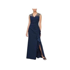 Size 14 - Alex Evenings Long Matte Jersey Dress w/ Embroidered Neckline NWT